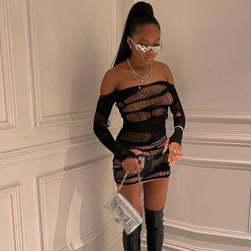 DUNEA Đầm tay dài hở vai phối lưới quyến rũ cho nữ