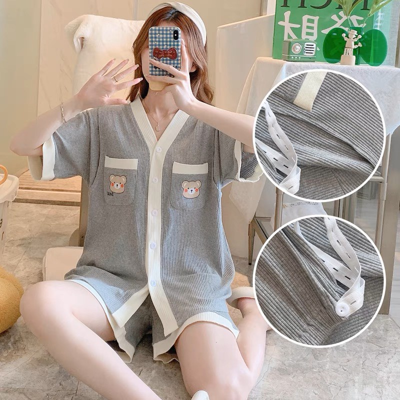 Bộ đồ bầu cộc tay chất gân tăm đẹp cho mẹ bầu mặc nhà và sau sinh thời trang mùa hè BL872