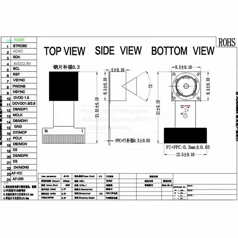Mô Đun Camera OV5640 66 Độ 5 Triệu Pixels 21MM 24PIN 0.5MM DVP MIPI 2.1CM 5MP