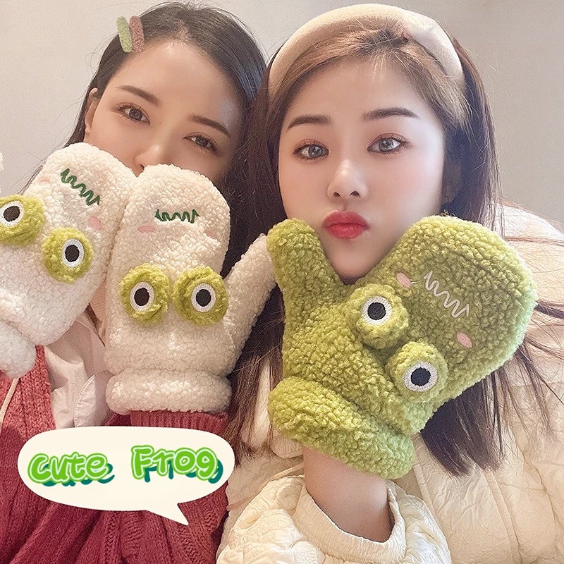 Găng Tay Giữ Ấm Mùa Đông Mềm Mại Dày Dặn Chống Gió Hình Chú Ếch Mắt To Cho Học Sinh / Văn Phòng