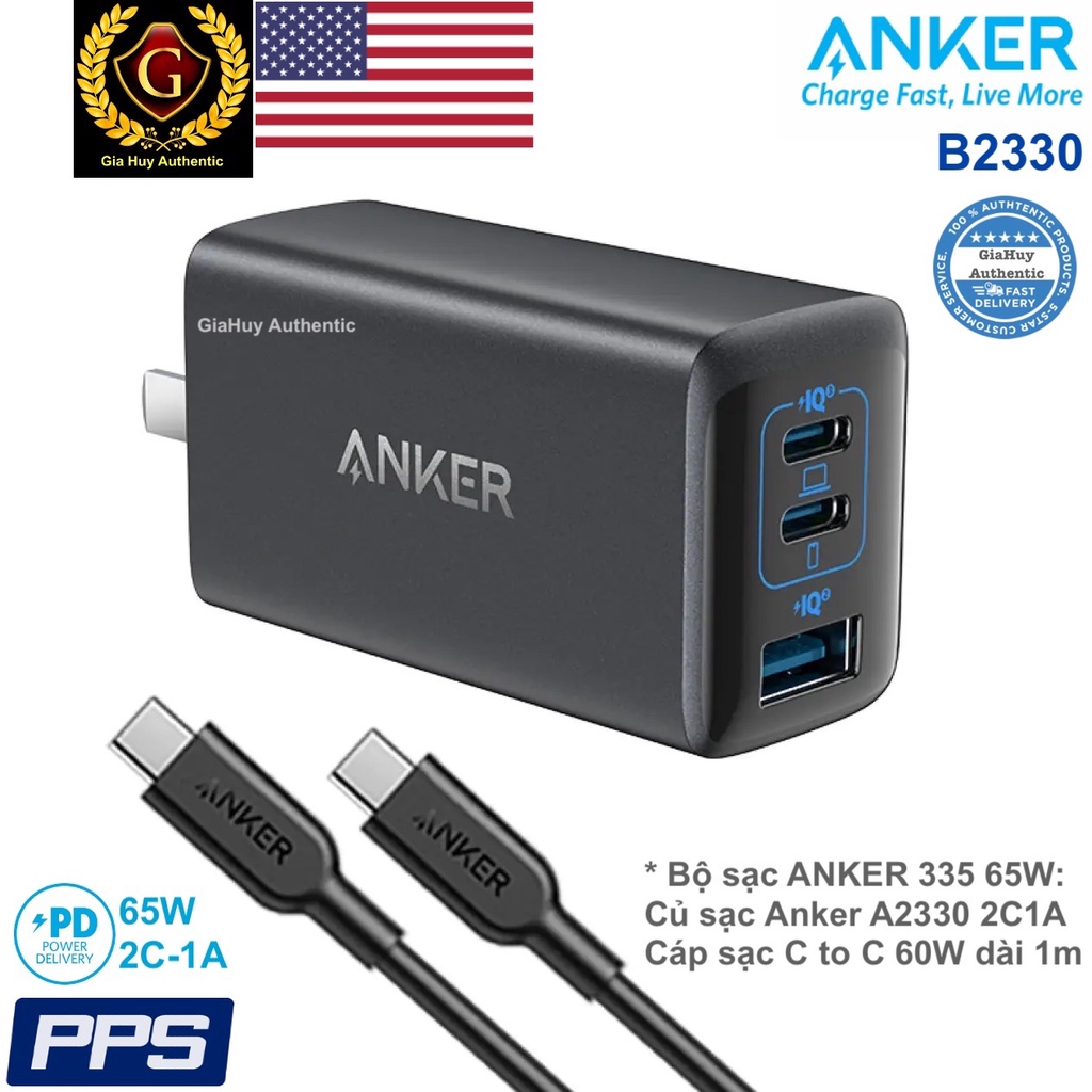 Bộ sạc B2330: Củ sạc nhanh ANKER 335 PPS/PD 65W 2C1A - A2330, kèm Cáp sạc C to C PD 60W dài 1m