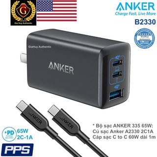 Bộ sạc b2330: củ sạc nhanh anker 335 pps/pd 65w 2c1a - a2330, kèm cáp sạc c to c pd 60w dài 1m