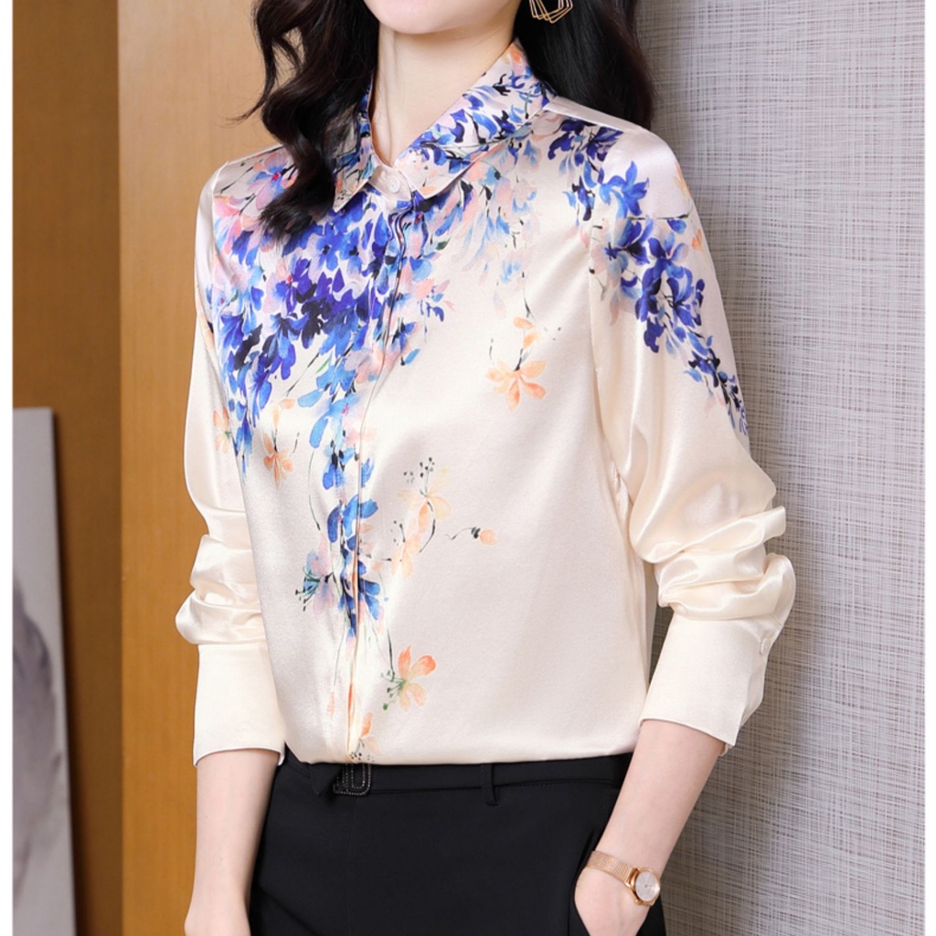 Áo Sơ Mi Lụa Satin Tay Dài In Hoa Thời Trang Mùa Xuân 2023