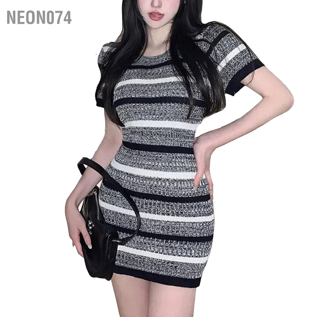 Neon074 Đầm Bodycon Ngắn Dệt Kim Sọc Ôm Vừa Vặn Tay Cho Mùa Hè