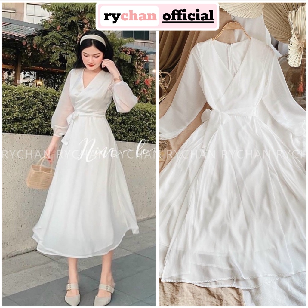 Đầm Xòe Midi Trắng Đắp Tà Cột Eo Dài Tay Lót Trong Dày Dặn [Ảnh Thật Cuối] - DX0041