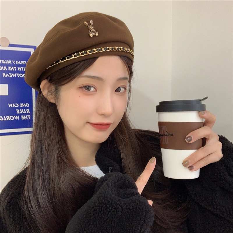 Mũ nồi, mũ beret nữ phối dây xích hình thỏ Soyabym cao cấp phong cách Hàn Quốc dễ thương