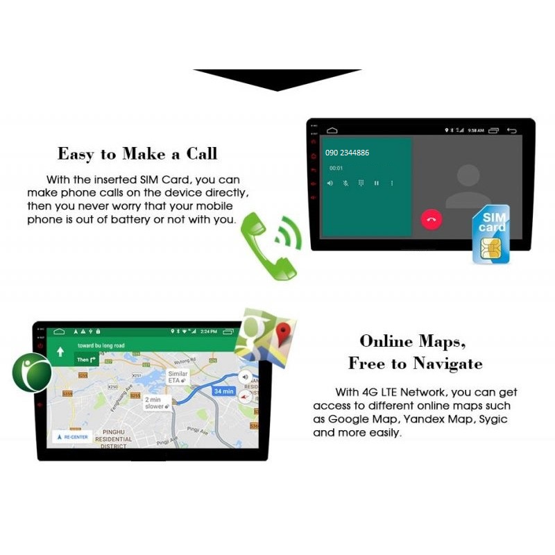 Màn Hình Android 9 inch Ram 2G Chạy Sim 4G phát WiFi, Đầu DVD Android, Màn Hình Ô Tô Có GPS dẫn đường bằng NaviTel