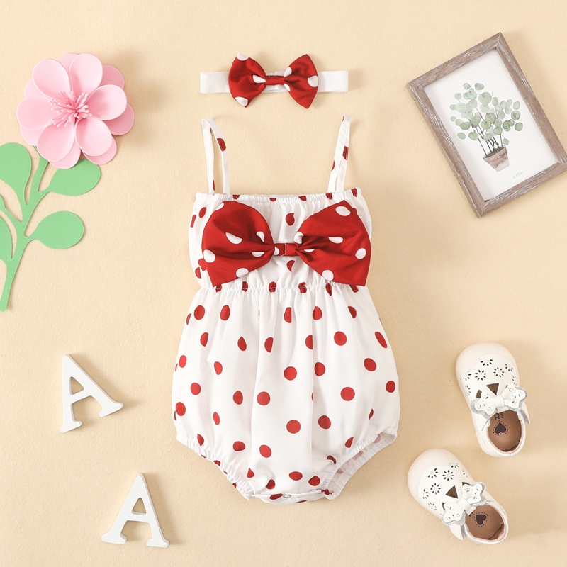 Bộ Áo Liền Quần Không Tay Họa Tiết Chấm Bi + Băng Đô Cài Tóc Xinh Xắn Cho Bé Gái b3Qt