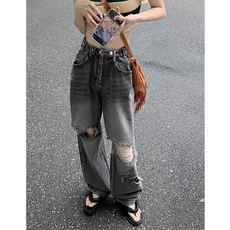 Daduhey Quần jeans dài ống rộng lưng cao khoét lỗ phong cách trẻ trung pha cổ điển thời trang Hàn Quốc | BigBuy360 - bigbuy360.vn