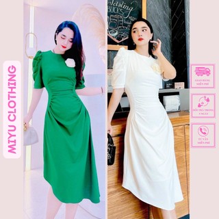 Đầm dạ hội sang trọng váy xanh tay nhún kiểu xinh nhún eo tà xéo sang chảnh Miyuclothing