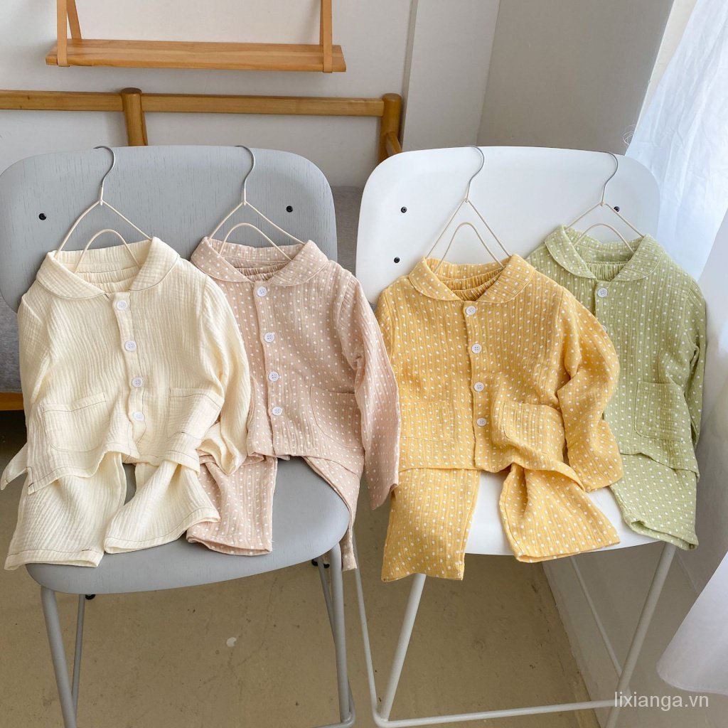 Bộ Đồ Ngủ Tay Dài Chất Cotton Họa Tiết Chấm Bi Thời Trang Xuân Thu Xinh Xắn Cho Bé Gái