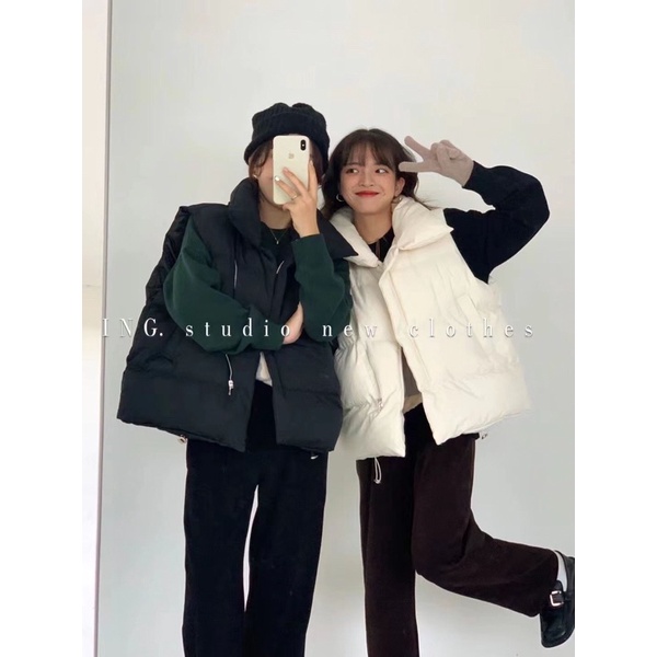 Áo khoác phao gile khoá kéo có túi mùa đông phong cách Hàn Quốc