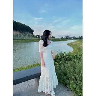 🌸🌸 ĐẦM MIDI NUDE REN CỔ VUÔNG ĐUÔI CÁ CỘT LƯNG
