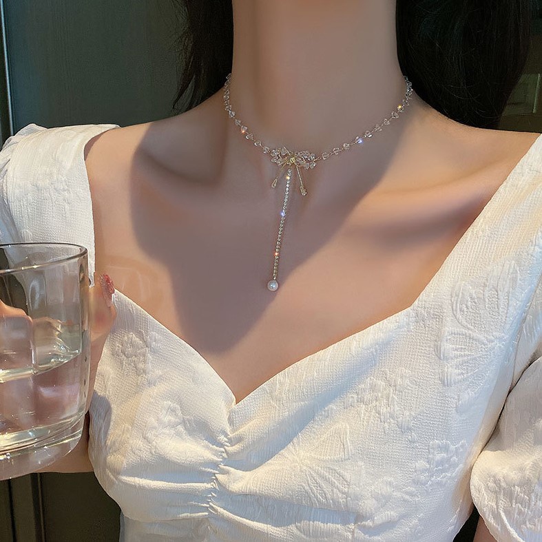 Vòng cổ Mặt Nơ Đính Đá Pha Lê Thời Trang Hàn Quốc Chất Lượng Cao Làm Quà Tặng Valentine