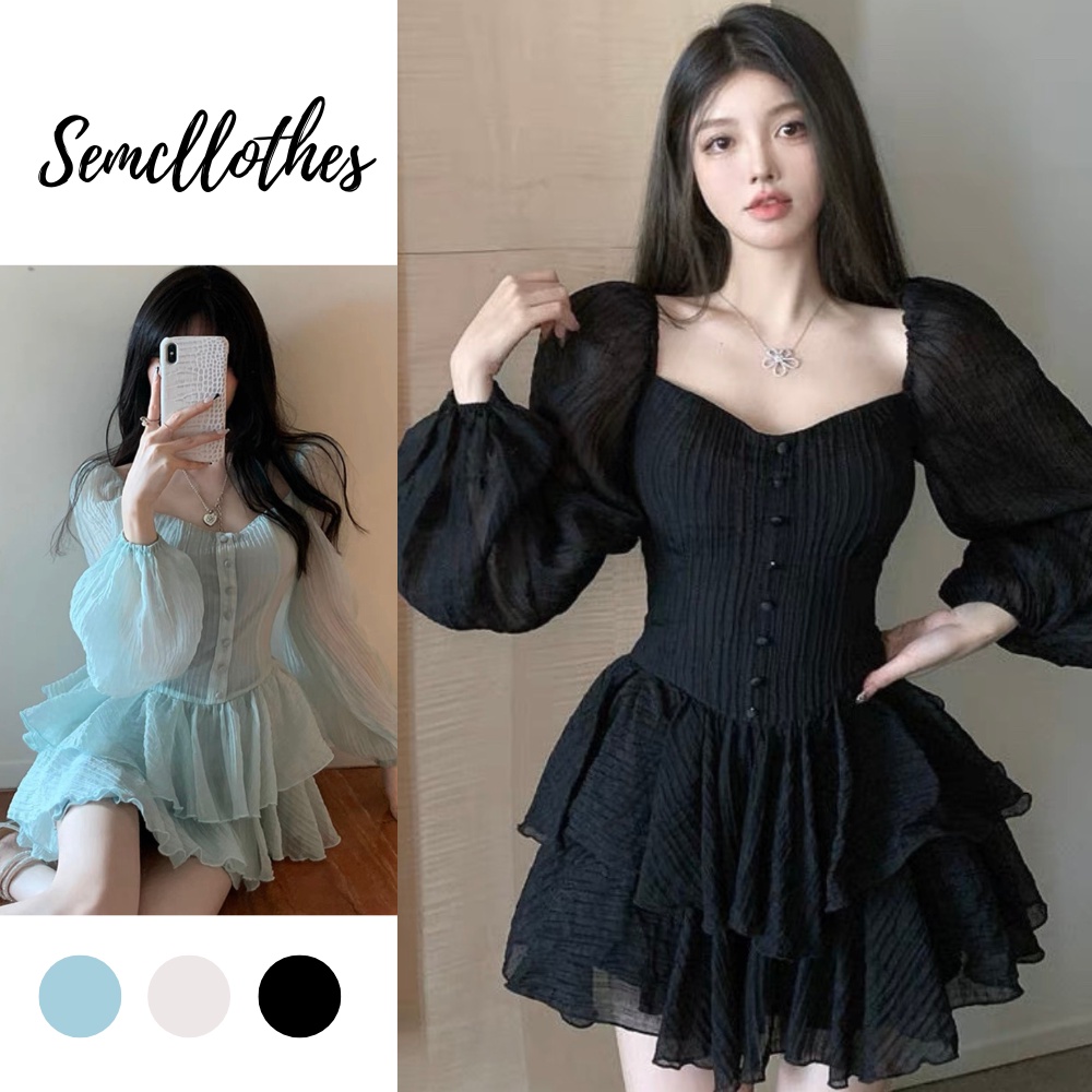 Đầm váy nữ xếp tầng tay phồng tiểu thư có lớp lót bên trong vải tơ sóng nhẹ nhàng V14