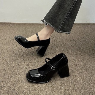 Giày búp bê Mary Jane nữ da bóng có quai cài đế vuông cao 7cm