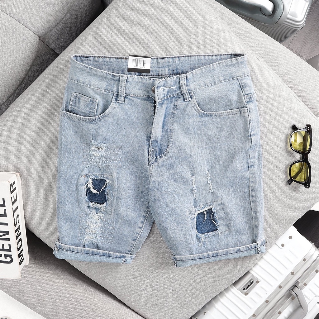 Quần jean short nam logo thêu màu xám đậm hottrend dễ phối áo mặc thoải mái hợp thời trang hàng thêu may sắc nét MS207