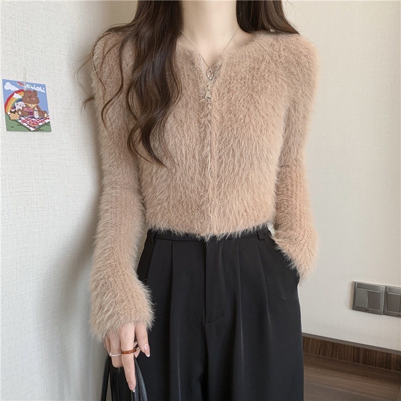 Áo Khoác cardigan Dệt Kim Bằng Lông Chồn cashmere Mỏng Vừa Vặn Với Tất Cả Các Kết Hợp Ngắn Trên Cùng