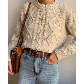 Áo len Nữ lông cừu vintage Nhật, cổ tròn tay dài bồng ôm bo women5
