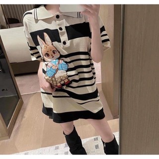 [2HAND] váy len mongtoghi cổ polo kẻ sọc hình thỏ kiểu dễ thương