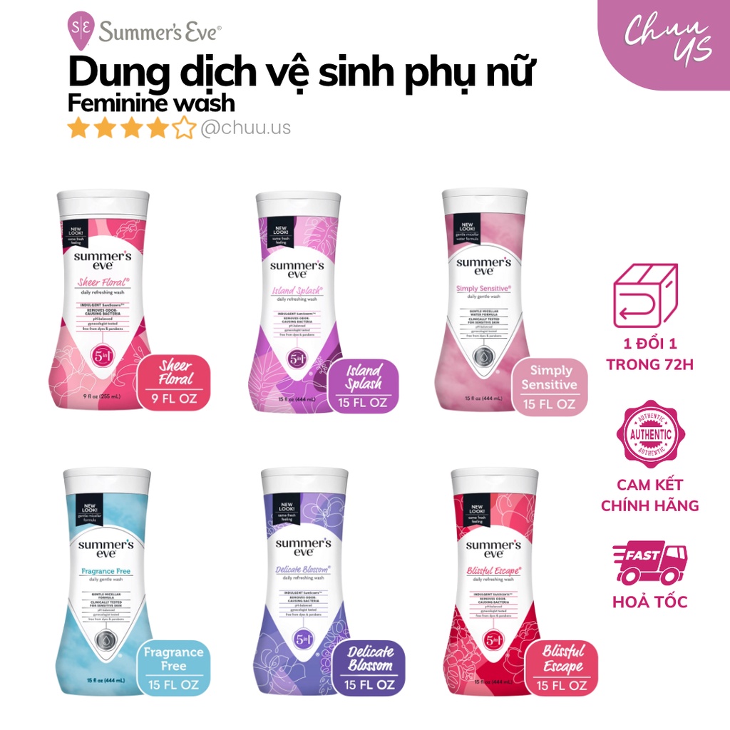 Dung Dịch Vệ Sinh Phụ Nữ Summer's Eve PH 5.5, Dung Dịch Vệ Sinh Dịu Nhẹ An Toàn Cho Da Nhạy Cảm Hươn