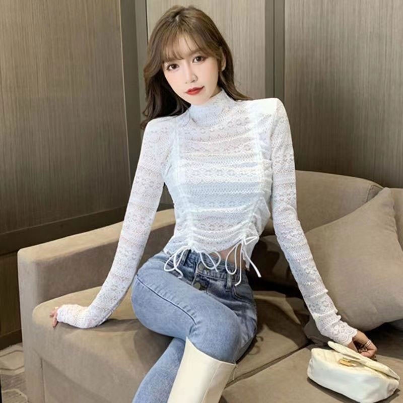 Áo thun XINLANYASHE tay dài cổ lọ phối ren thời trang cho nữ