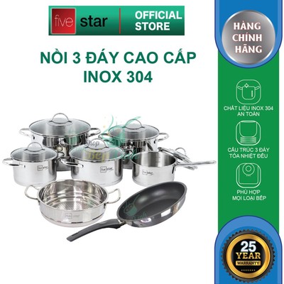 Combo bộ nồi quánh xửng chảo chống dính cao cấp  Fivestar 7 món nắp kính 3 đáy dùng được mọi bếp