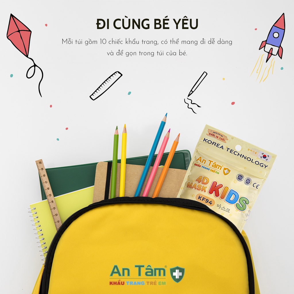Combo 3 Khẩu trang y tế 4D Hàn Quốc cho bé kháng khuẩn, vừa vặn, dễ thở, chống tia UV - Chính Hãng AN TÂM - Túi 10 cái