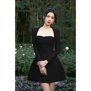 đầm da lộn tay dài nhún ngực dáng mini xòe 3 màu mặc tôn da tôn dáng MyMy store