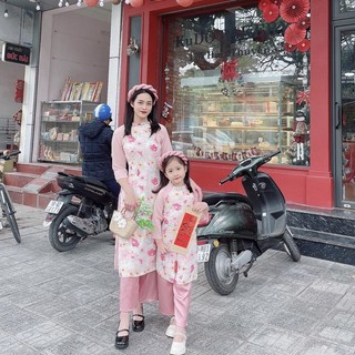 [4-64kg] Áo Dài Cách Tân Mẹ Và Bé Tơ Lụa Hồng 𝐍𝐇𝐈́𝐌 𝐗𝐔̀ 𝐊𝐈𝐃𝐒 Cho Bé Gái 1 Tuổi Đến 8 Tuổi  AD130