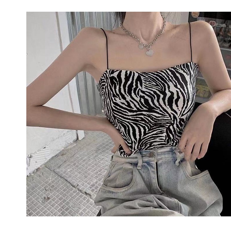 ZHELIHANGFEI Áo Hai Dây Họa Tiết Ngựa Vằn Lưng Cao Quyến Rũ Cho Nữ