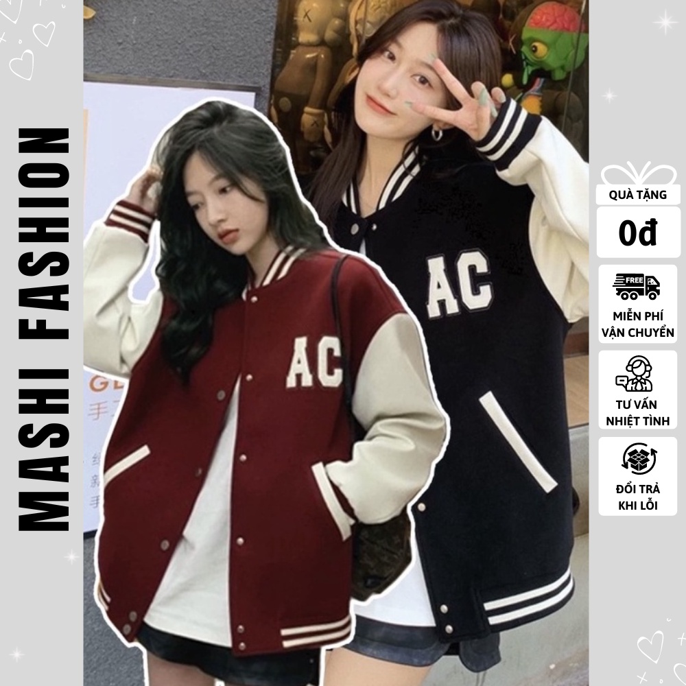 Áo khoác bóng chày Áo bomber Varsity Jacket AC mùa đông cho nam nữ chất dạ tay da màu đỏ đen