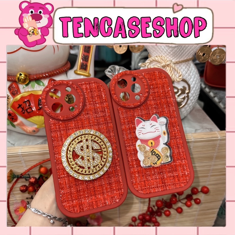 Ốp TẾT 2023 🧧 Ốp lưng ip đỏ đô chất dạ vải kèm hoạ tiết đồng xu xoay - mèo chiêu tài đồng xu dành cho ip