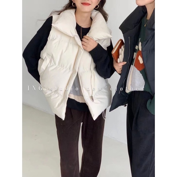 Áo khoác phao gile khoá kéo có túi mùa đông phong cách Hàn Quốc