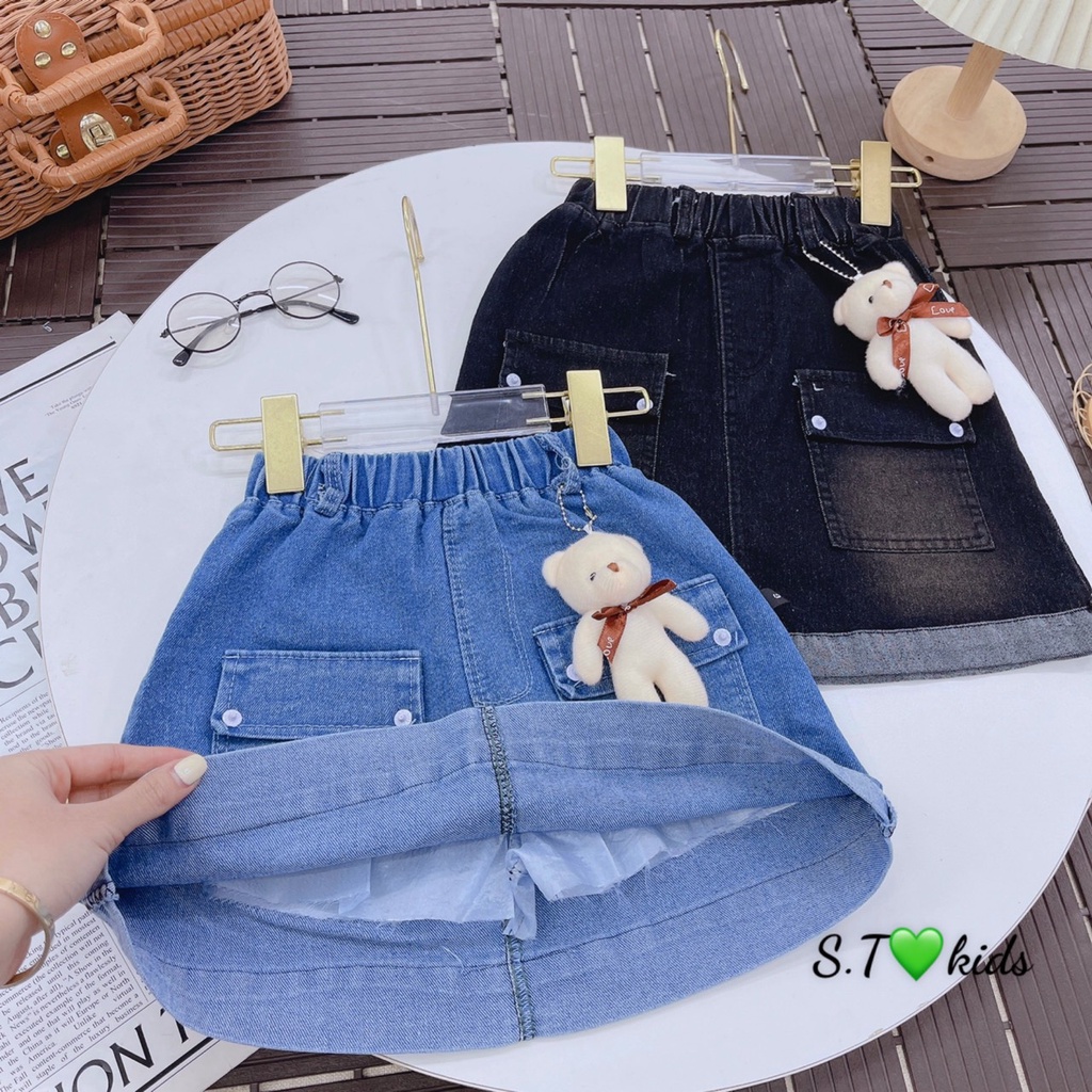 Chân váy jean tặng kèm gấu cho be gái 12-25kg, chân váy bò cho bé gái