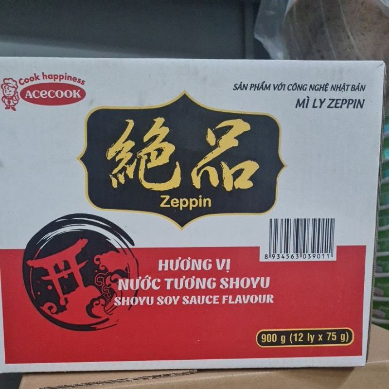 Thùng 12 ly mì Zeppin vị nước tương SHOUYO Acecook  900g(12 ly×75g)