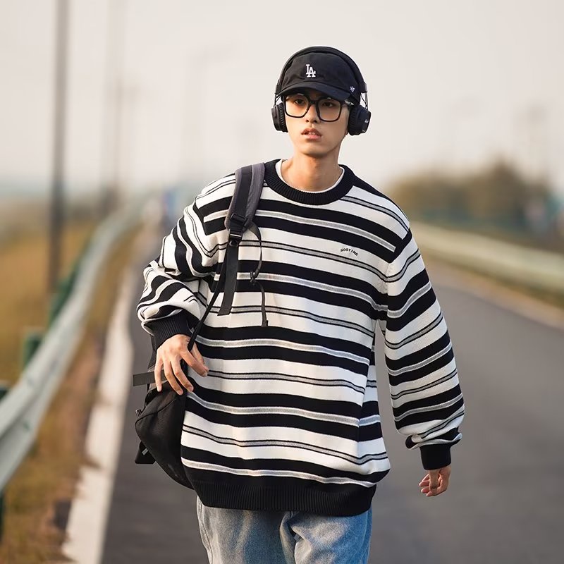 Áo Sweater Dệt Kim Kẻ Sọc Màu Sắc Tương Phản Thời Trang Mùa Đông Cho Nam Giới