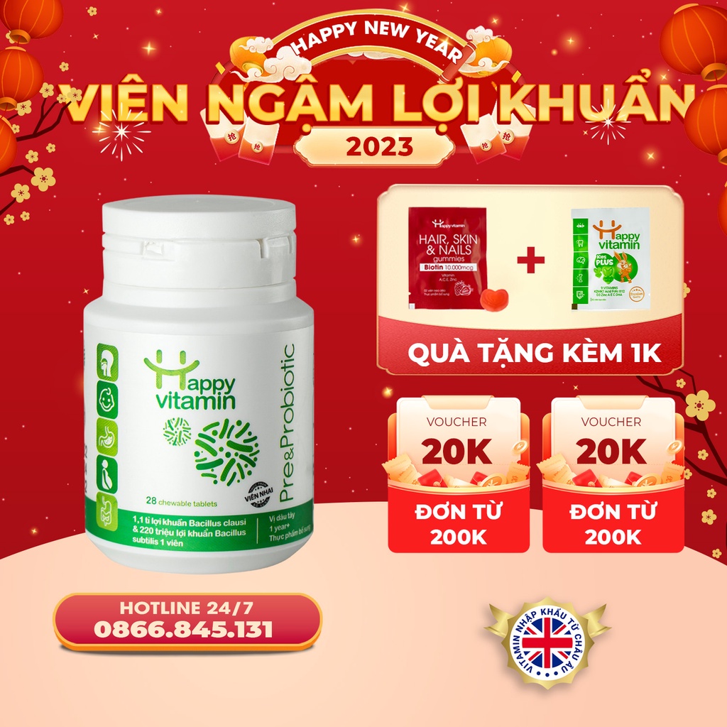 Kẹo lợi khuẩn Happy Vitamin Probiotic - Đánh bay tiêu chảy, ăn ko tiêu, giảm táo bón - Tăng đề kháng, hỗ trợ Tiêu Hóa