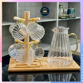 Bộ 6 cốc thuỷ tinh pha lê + bình borosilicat.e 🌸 có giá + khay bán kèm 🌸 siêu sang trọng