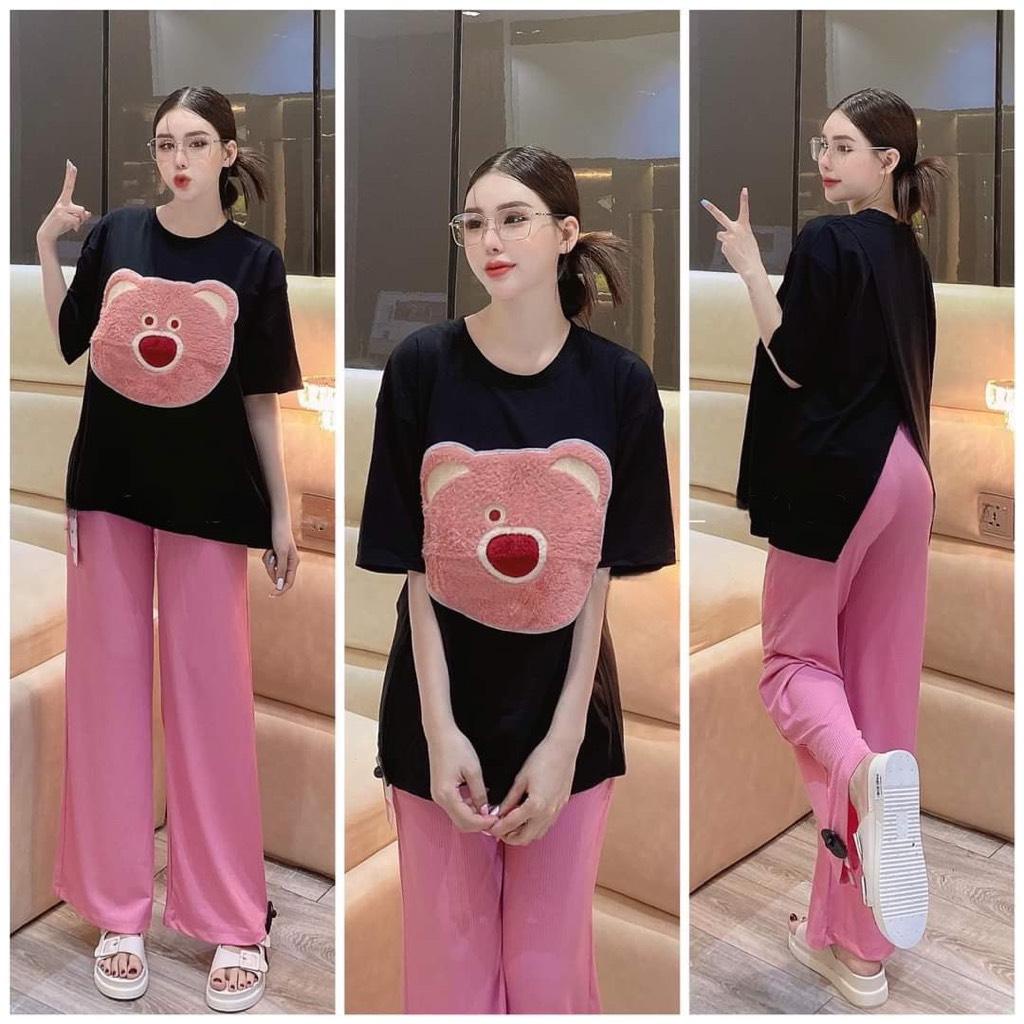 Bộ quần suông áo thun thêu Đầu Gấu (Xẻ lưng)