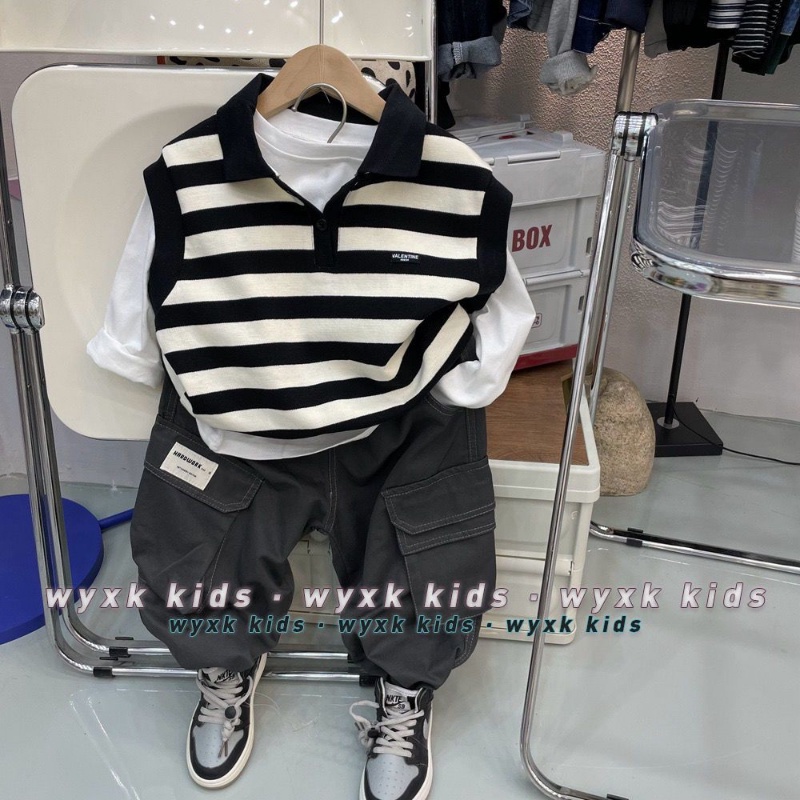 Set Áo Sơ Mi Dài Tay Họa Tiết Sọc + Áo Khoác Ghi Lê Thời Trang Cho Bé