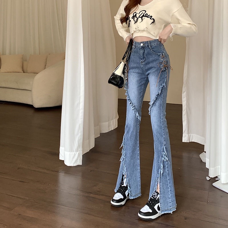 Quần Jean Xanh Tua Rua Ống Loe ig:peachy__order