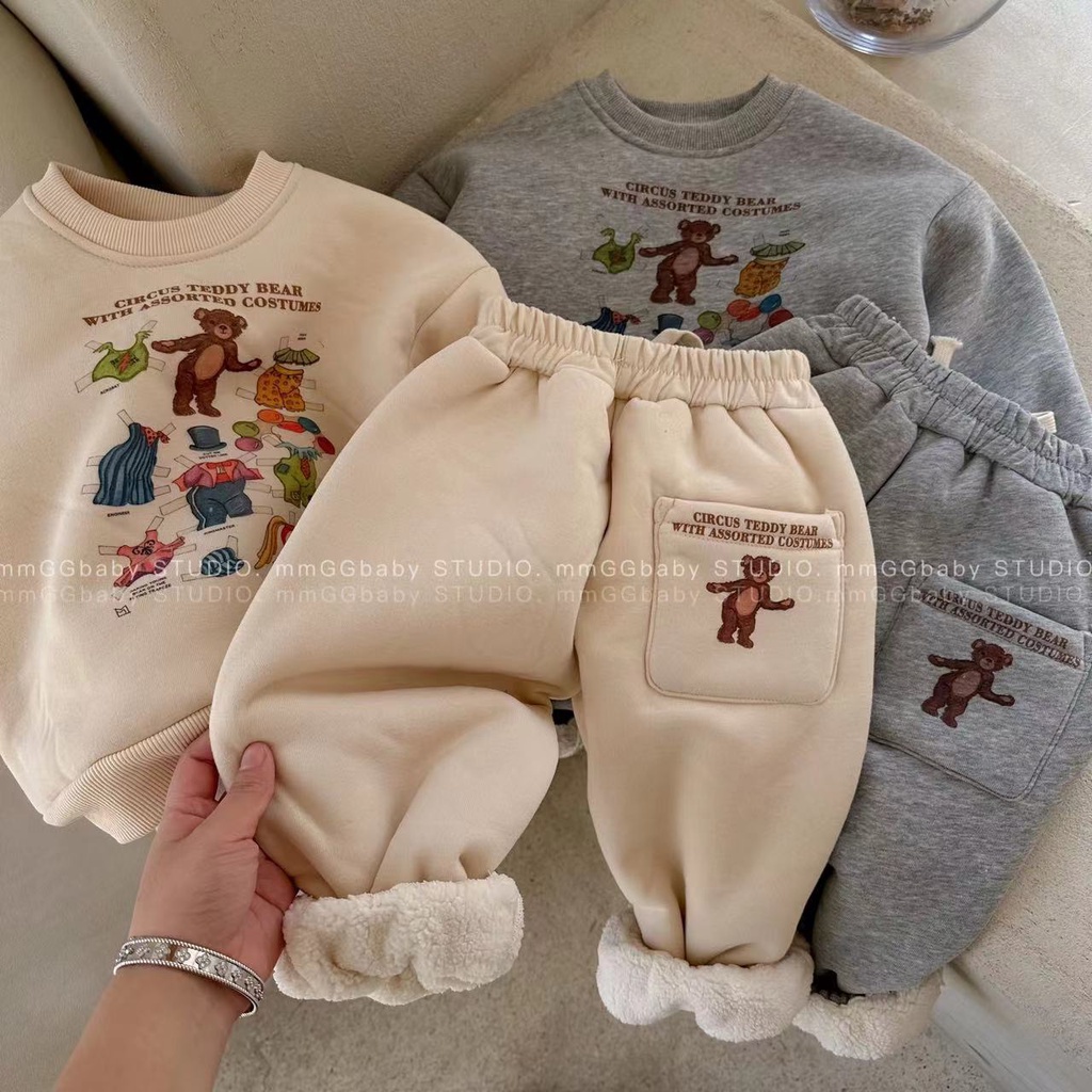 Hàng Có Sẵn Bộ Quần Áo Nỉ Lót Lông Cừu Dày Dặn Phong Cách Nhật Bản Hàn Quốc Mùa Đông Cho Bé Trai Và Bé Gái