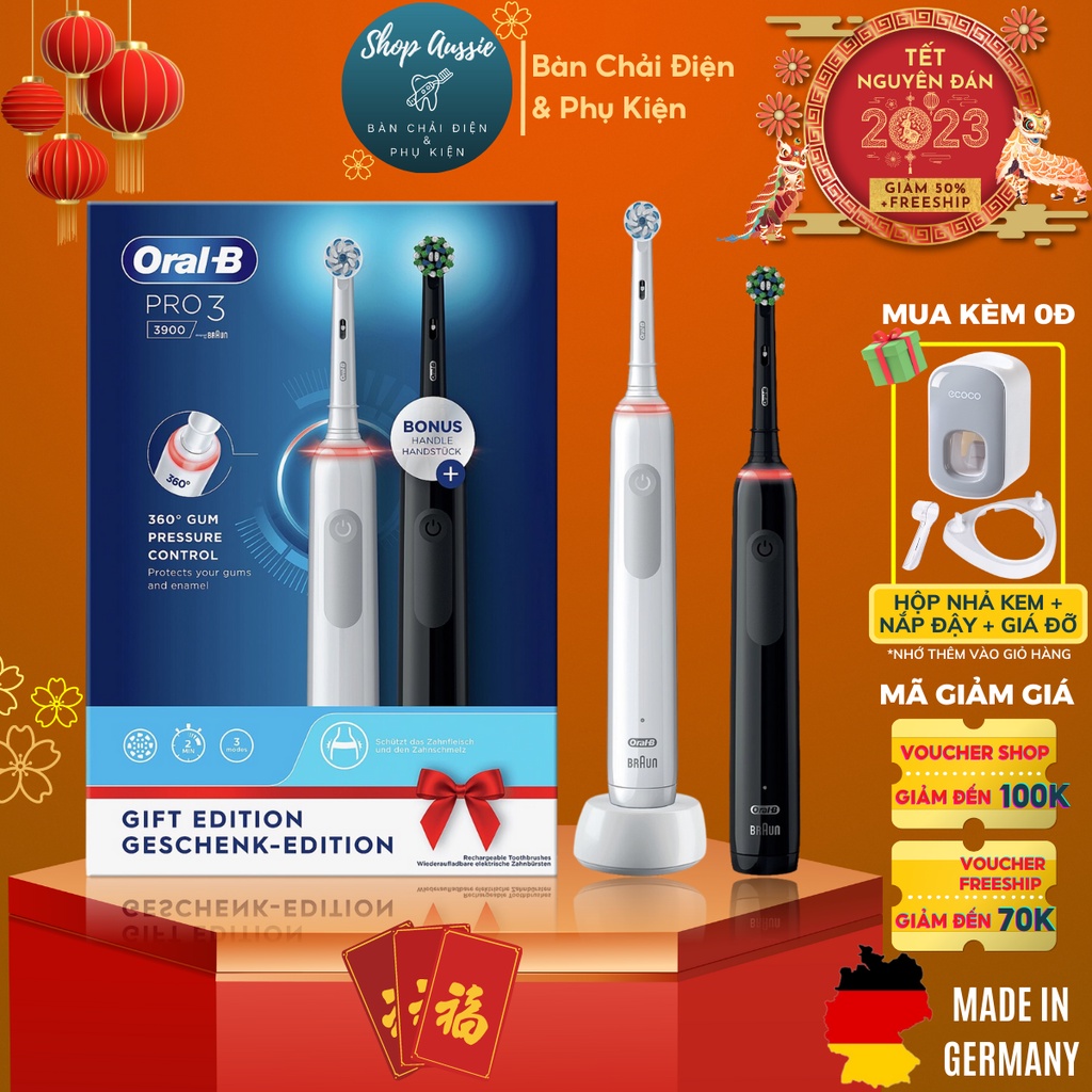 Bàn Chải Điện Oral-B Pro 3 3900 (GiftSet 2 Màu Trắng & Đen) - Cảm Biến Lực 360 độ, 3 Chế Độ, Pin Li-ion, Made In Germany