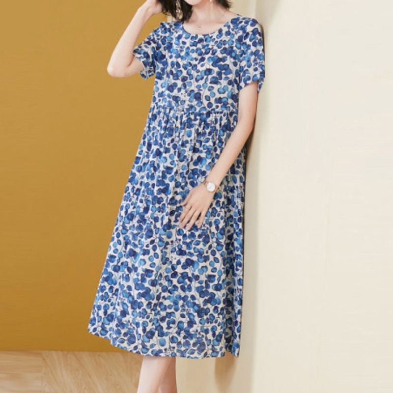 Đầm Midi Tay Ngắn Cổ Tròn In Họa Tiết Hoa Thời Trang Mùa Hè Xinh Xắn Cho Nữ