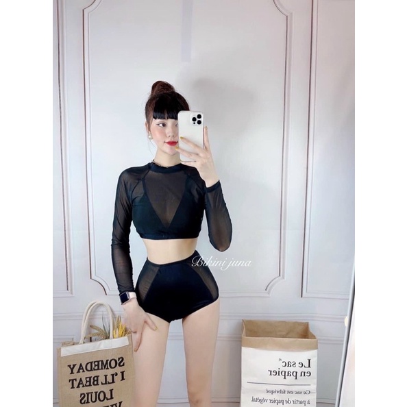 Bikini tay dài lưới kèm  tam giac quan xịt lưng cao pha lưới