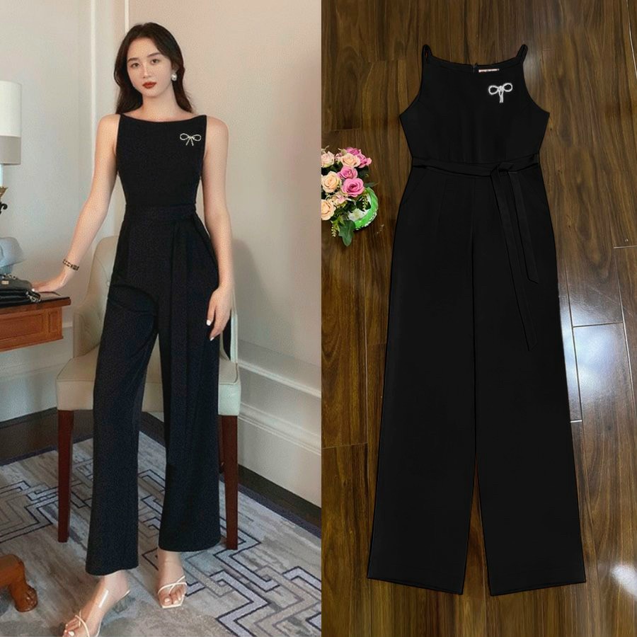 Jumpsuit dài - Jum dài ống suông thắt nơ eo ngực đính tag nơ xinh xắn J1212