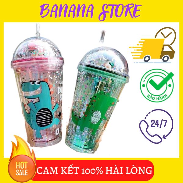 Cốc nước giữ nhiệt hai lớp kèm ống hút, Ly nhựa đa năng chịu nhiệt có nắp kim tuyến C15