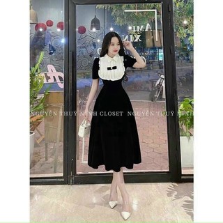 Đầm dự tiệc tiểu thư sang chảnh dáng dài tay lỡ cổ sơ mi vải nhung 2 màu đỏ đen