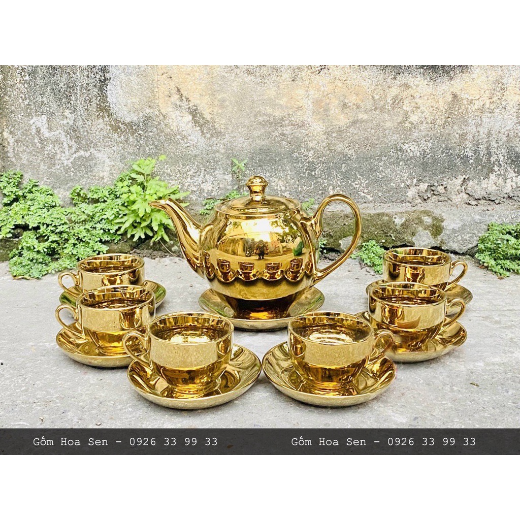 Bộ ấm trà mạ vàng cao cấp Bát Tràng loại 1